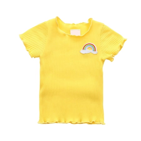 Gyujnb Girls Ribbed Knit Short Sleeve Tee with Lettuce Trim and Apple Tree Embroidery Casual Summer Top 2-3 Years
