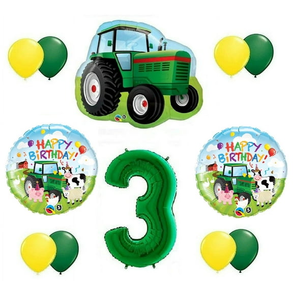 11 Pc Farm Tractor #3 3rd Green Happy Birthday Balloon Bouquet Party Decoration