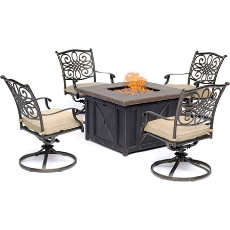 Fire Pit Table And Chairs Hanover Traditions 5-Piece Fire Pit Chat Set in Natural Oat with 4 Swivel Rockers and a 40-In. Square Durastone Fire Pit Table ()