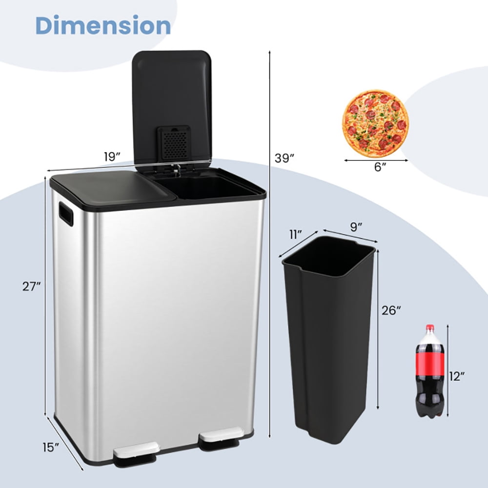 Spaco 2 x 8 Gal Dual Compartment Trash Can-Silver, Kitchen Trash Can for Office, Silver