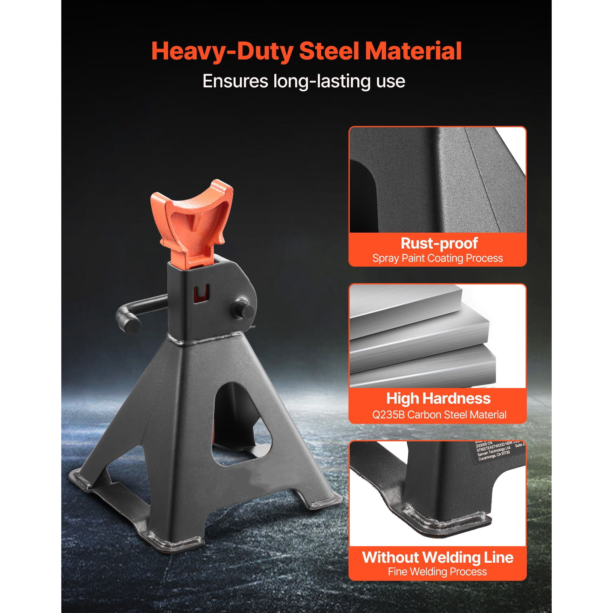 Jack Stands, 3 Ton (6,600 lbs) Capacity, 10.8-16.3 in Adjustable Height, Heavy Duty Steel Jack Auto Stands with Locking, for Lifting SUV, Pickup, Car and UTV/ATV, 1 Pair, Black and Orange
