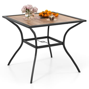 Gymax Patio Table for 4 People w/ Umbrella Hole Wood-Like Tabletop Metal Support Legs