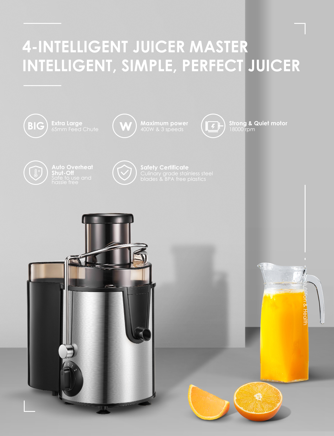 Juicer Centrifugal Juicer Machine Wide 3” Feed Chute Juice Extractor Easy to Clean, Fruit Juicer with Pulse Function and Multi-Speed Control, Anti-Drip, Stainless Steel BPA-Free - image 3 of 12