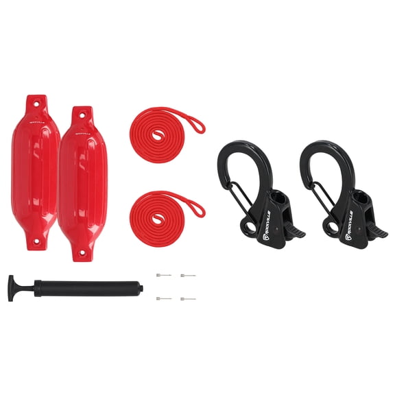 Rockville FEN245-RED Bundle: 2 4.5 x 16 in Boat Fenders, 2 Fender Lines, Hand Pump, 2 Inflation Needles, RQA-2 Quick Release Fender Clips, 9-Items