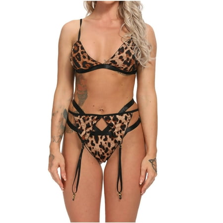 

VONCOS Lace Sexy Women s Erotic Underwear Women Elegant Fashion Sexy Lingerie Leopard Pattern Underwear Three-piece Suit