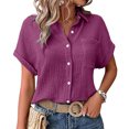 thumbnail image 3 of YDFCWXW Button Down Dressy Shirts for Womens Gauze Shirts Casual Short Sleeve Textured Collared Summer Work Blouse Clothes Purple, M, 3 of 8