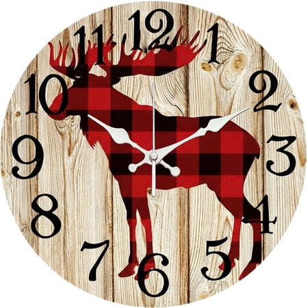 SBEMP10 Inch Silent Wall Clock, Moose Red Plaid Wood Decorative Wall Clock, Battery Operated Non-Ticking Round Clock for Living Room Bedroom Cabin Home Decor