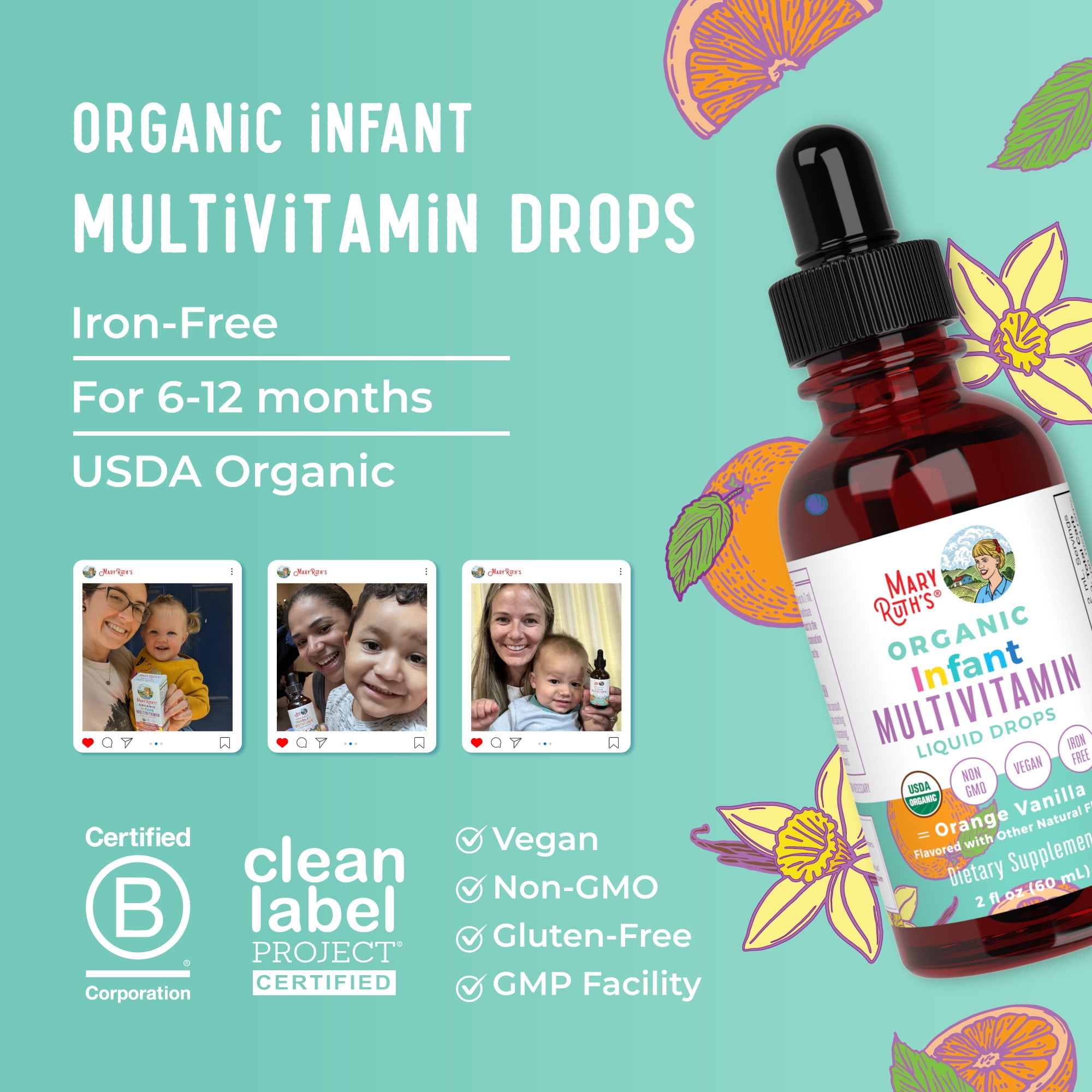 (2 pack) MaryRuth's Liquid Multivitamin for Babies & Infants Iron Free, USDA Organic, Orange Vanilla, 2 fl oz