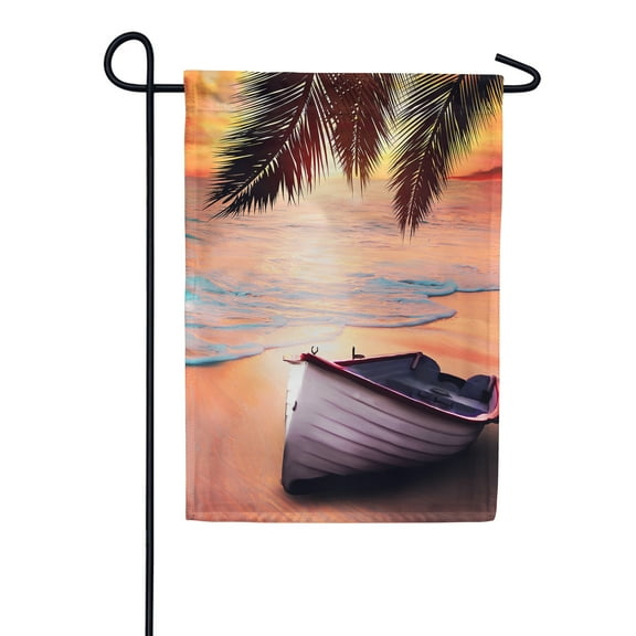 America Forever Tropical Beach Sunset Garden Flag 12.5 x 18 inches Summer Boat Sea Coastal Palm Leaves Tranquil Paradise Double Sided Seasonal Yard Outdoor Decorative Nautical Waves Garden Flag