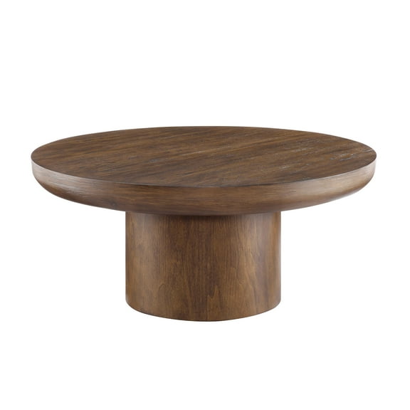Miekor Furniture 35.98Inch Round Coffee Table With Cylindrical Leg, Wood Veneer Tabletop Table, Rounded Sofa Side Table For Living Room Office, Brown 00096