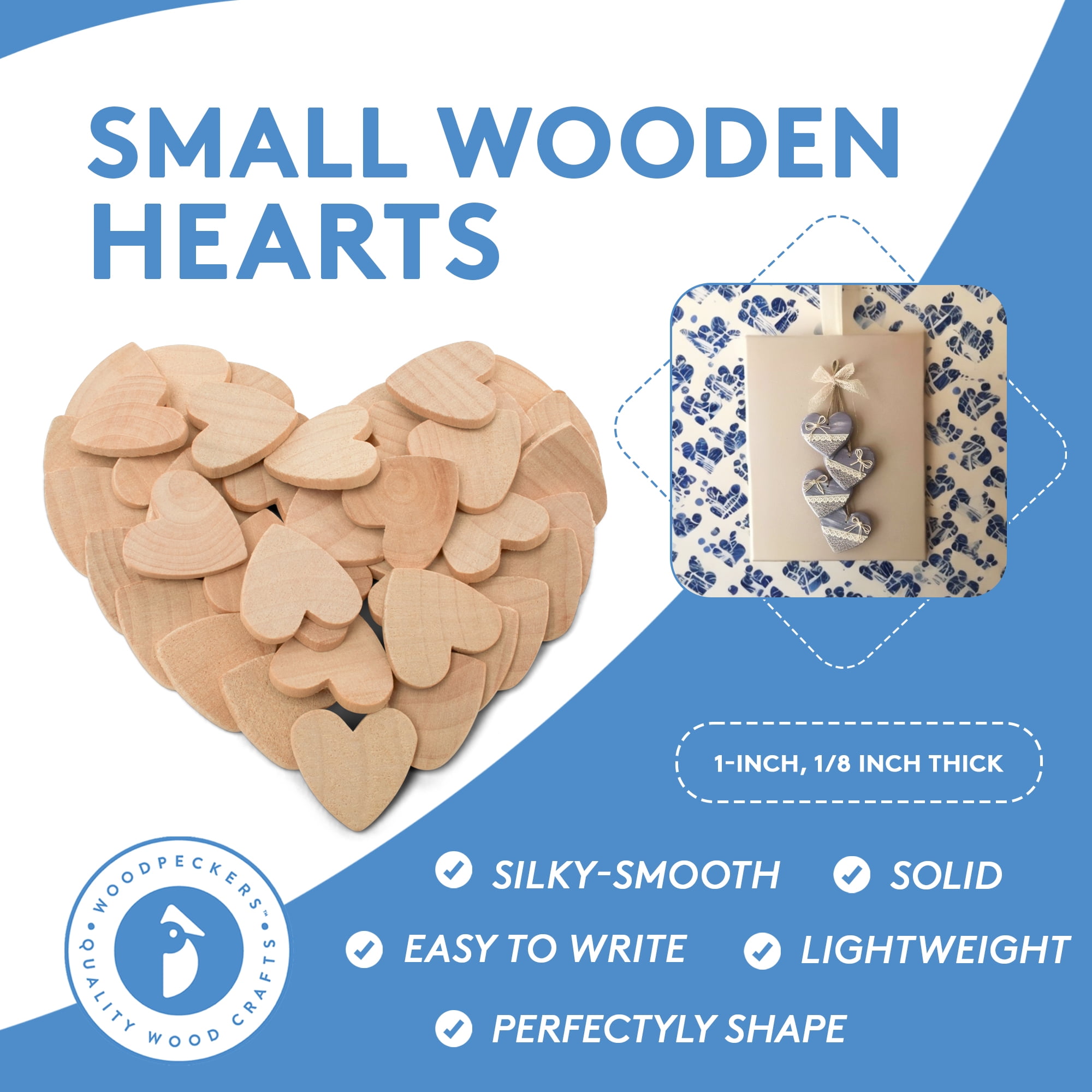 Small Wood Hearts for Crafts 1-inch, 1/8 inch Thick, Pack of 200 Wooden  Wedding Hearts for Valentine's Day Table Decor, by Woodpeckers