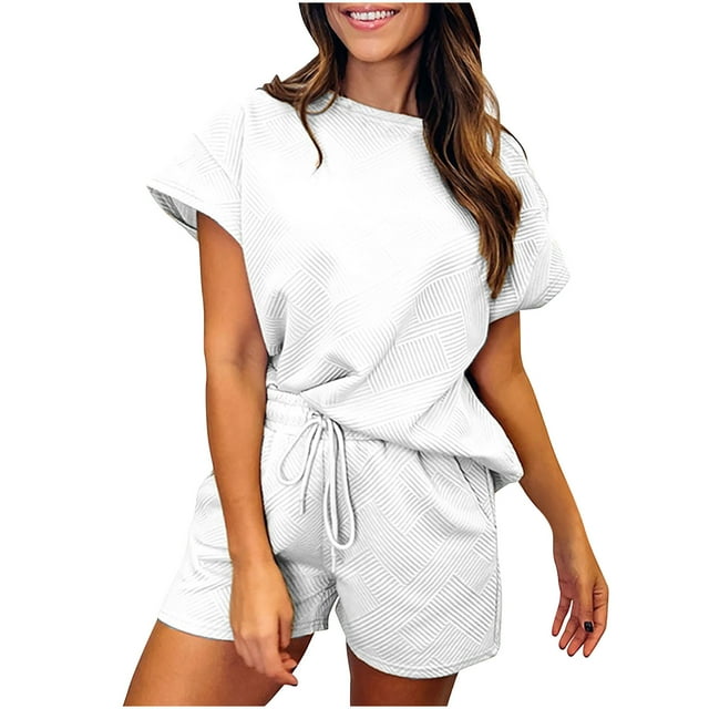Yuyuzo Two Piece Outfits for Women Short Sleeve Crewneck Tops Drawstring Elastic Waisted Shorts with Pockets