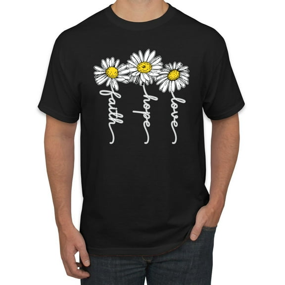 Wild Bobby, Faith Hope Love Daisy Flower Christian God Religious Inspirational/Christian Men's Graphic T-Shirt, Black, Small