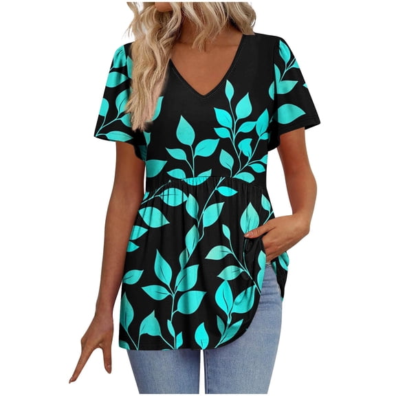 WCMZJ Womens Summer Tops Babydoll Short Sleeve Shirts Floral Print Puff Sleeve Peplum Tops V Neck T Shirts Sky Blue L