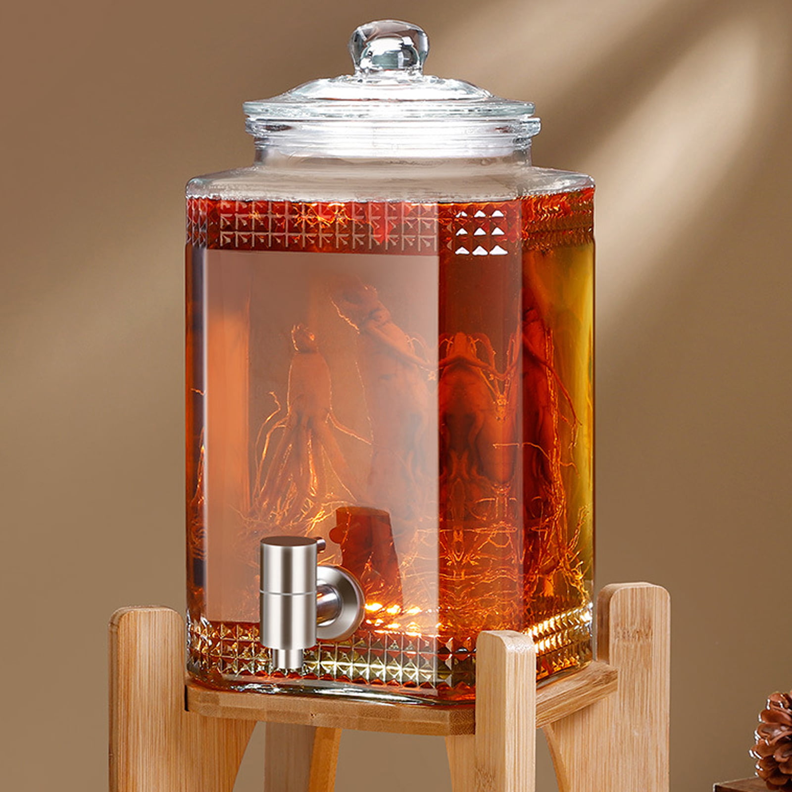 Acopa 5 Gallon Hammered Glass Beverage Dispenser with Wood Base