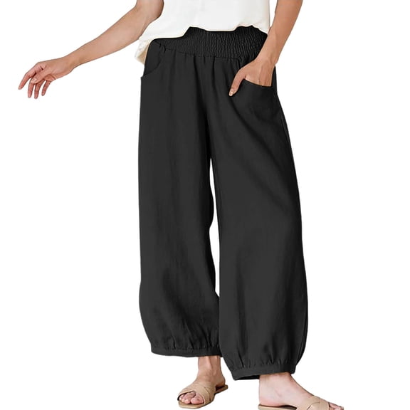 GUACER Lounge Trousers for Women Elastic Waisted Cotton Linen Wide Leg Pants with Pockets Casual Barrel Pants