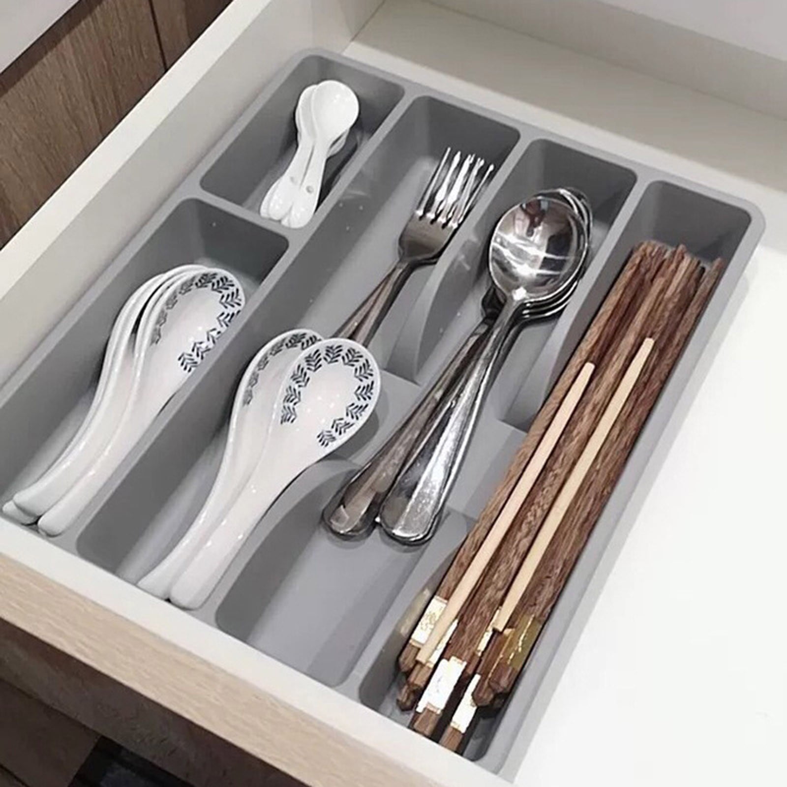 YWIYIUD 4PC Silicone Silverware Drawer Organizer, NonSlip Utensil Holder for Kitchen, Silverware Holder Utensil Organizer Cutlery Organizer Tray Flatware Kitchen Utensil Storage 10x12inch