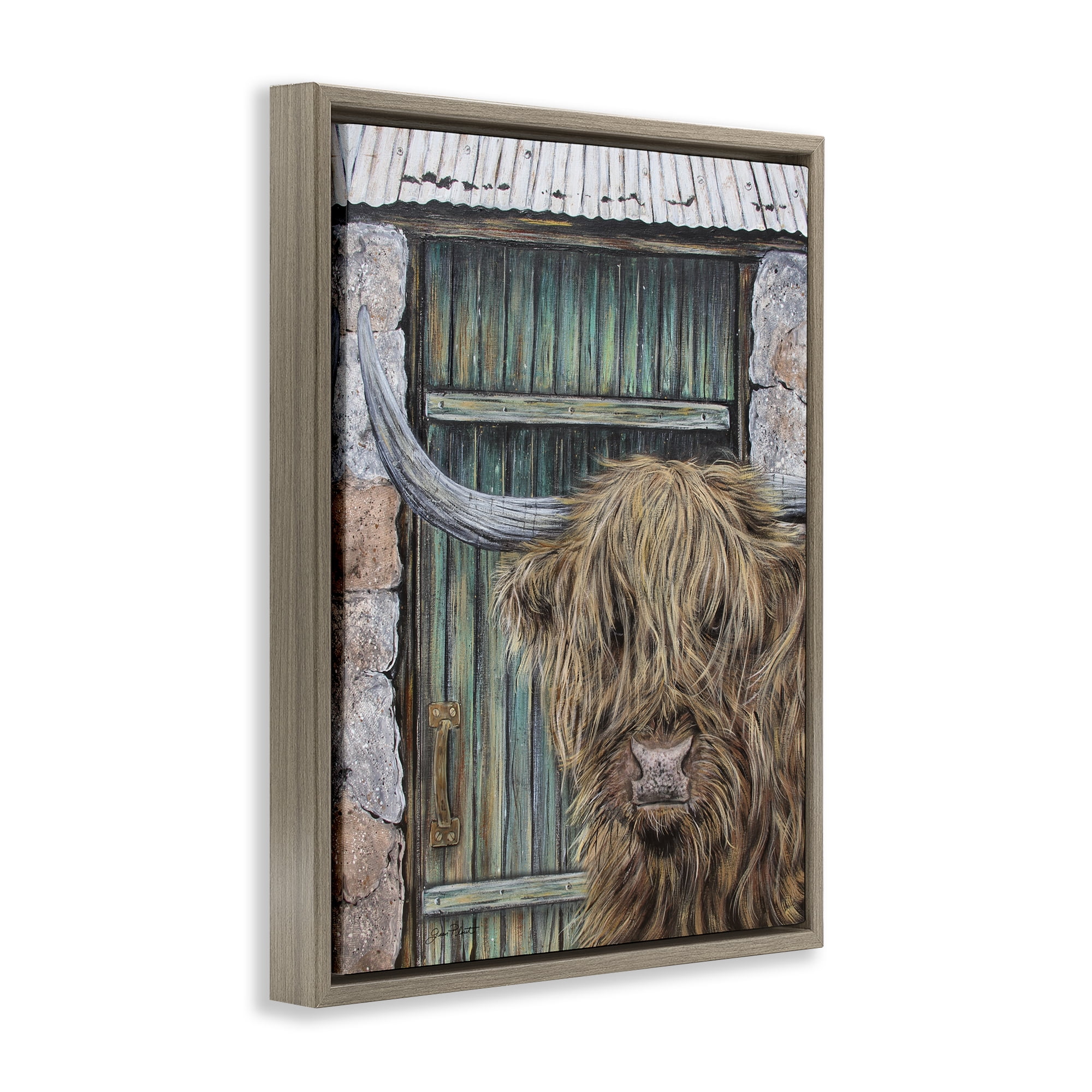 Highland Cow by Barn Door Brown Framed Floater Canvas Wall Art, design by Jean Plout