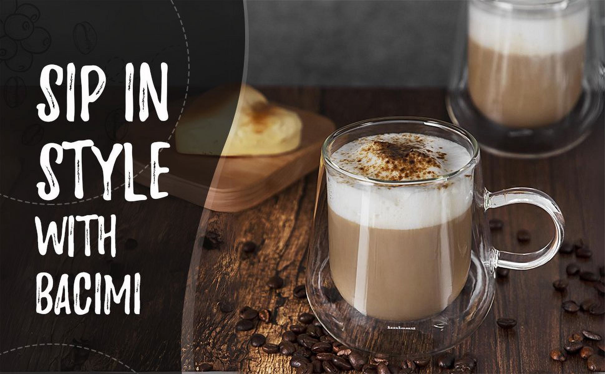 Bacimi Double Wall Insulated Coffee Mugs Set of 2 / 12oz - Clear Borosilicate Mug with Handle - Thermal Drinking Cups for Espresso, Cappuccino, Latte, Tea, Hot Beverage, Wine - Microwave Safe