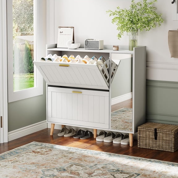 Slim White Wooden Shoe Cabinet with Mirror – 2 Turn Drawers, Adjustable Shelves for Hallway Entryway