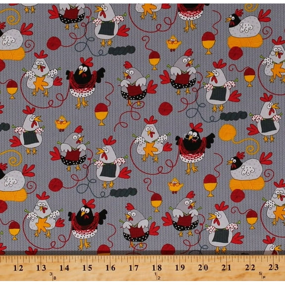 Cotton Knitting Roosters Chickens Chicks Hens Yarn Balls Knitters Knit Egg Cups Nest Farm Fowl Birds Gray Cotton Fabric Print by the Yard (gail-c5605-grey)