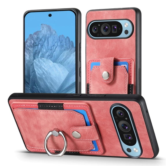 Sleektime Wallet Case For Google Pixel 10 Pro XL with Elastic Card Holder, Premium PU Leather Shockproof Protective Cover, 360° Rotating Finger Ring Kickstand, Slim Anti-Scratch Phone Case, Pink