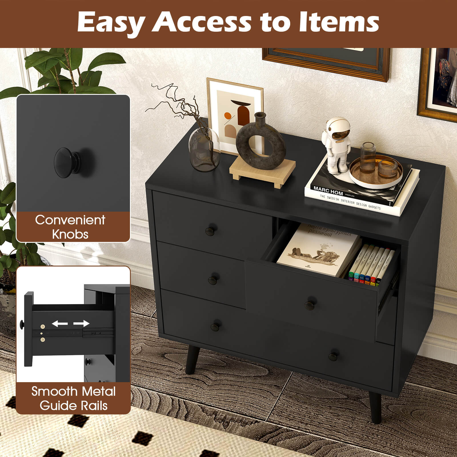 Costway 4 Drawer Dresser for Bedroom Wide Chest of Drawers with Metal Guide Rails Black
