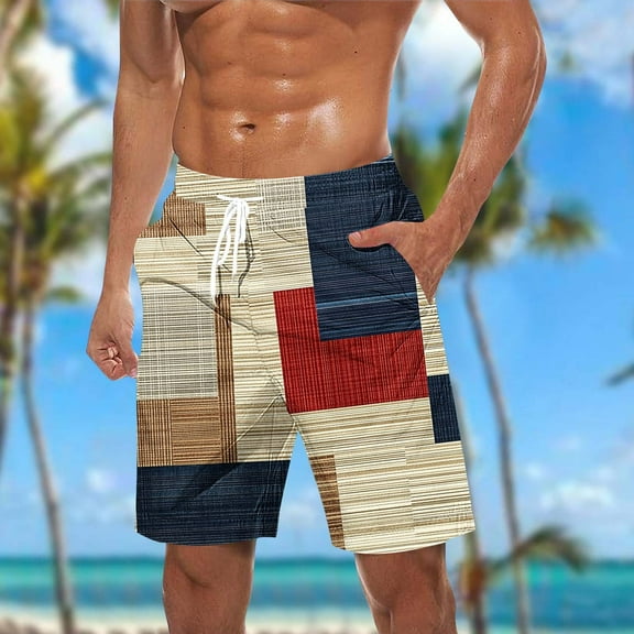 Blczomt Shorts for Men Summer Beach Casual Lightweight Yellow Pockets Elastic Waist Plaid Men's Clothing,L
