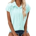 thumbnail image 2 of Womens Button Down Shirts Short Cap Sleeve Summer Cotton V Neck Collared Stripes Blouses Casual Plaid Tops, 2 of 7