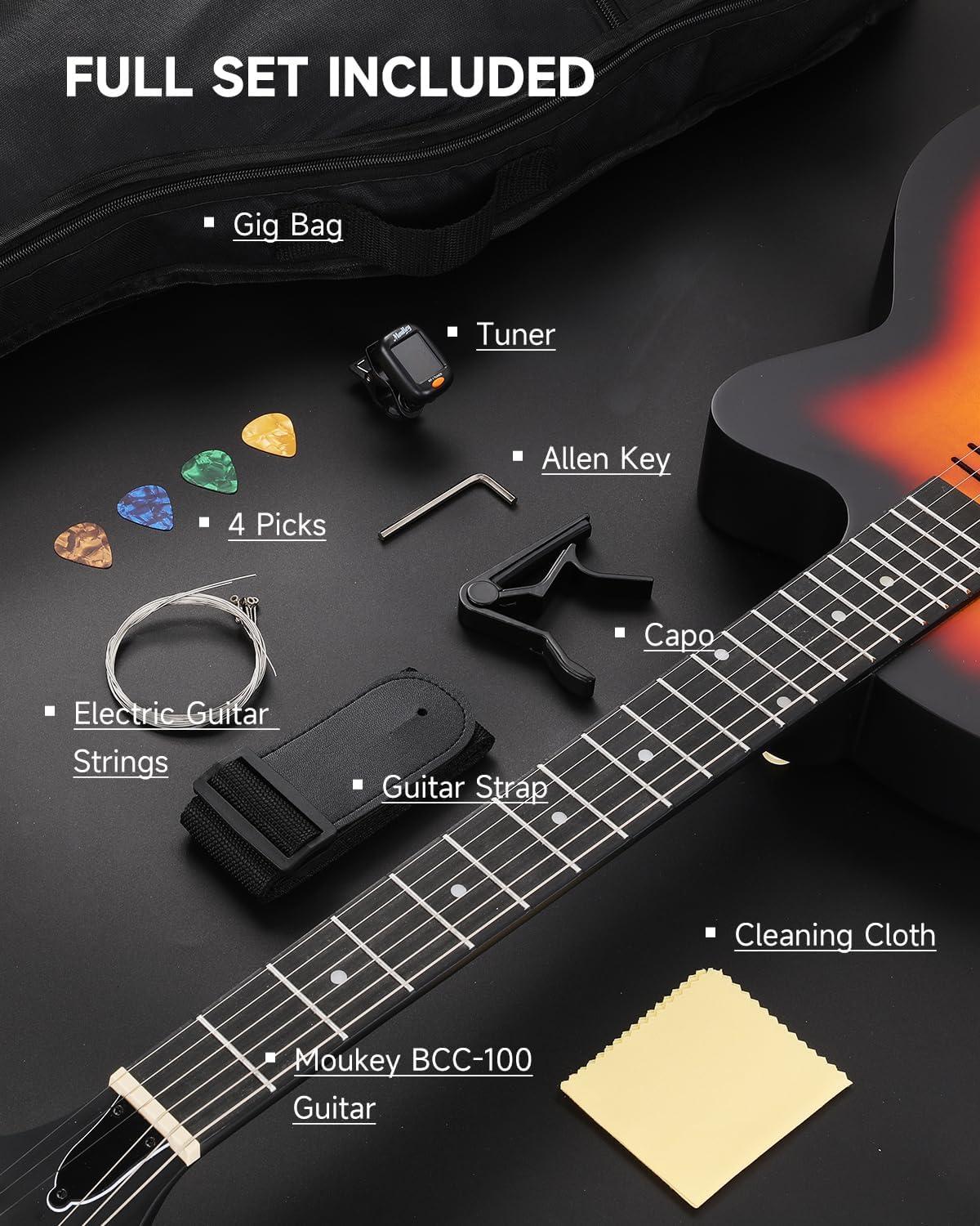 Moukey Acoustic Electric Guitar 39-Inch, Cutaway Guitar with Passive Pickup, Gig Bag, Strap, Picks, Tuner, and Capo, Dual Acoustic＆Electric Modes, Sunburst