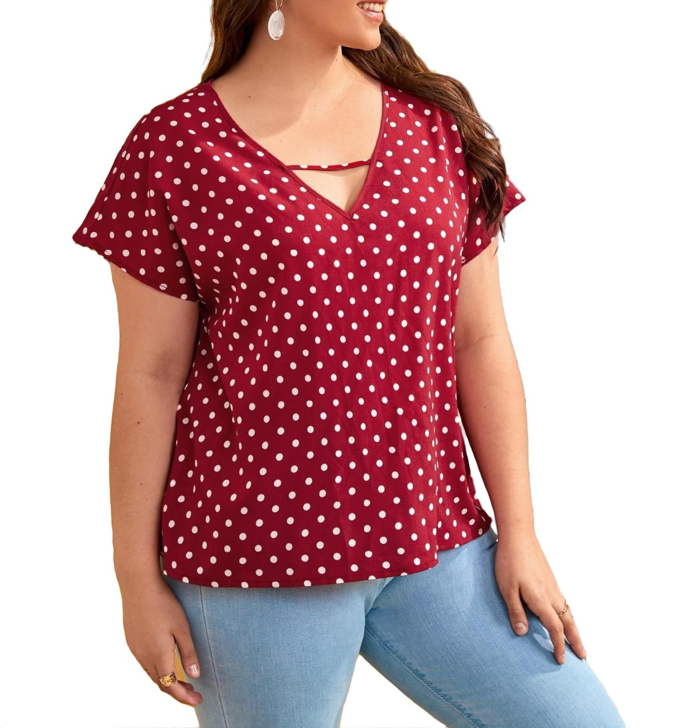  Red and White Polka Dots Blouses for Women V Neck Casual Tshirt  Tops : Sports & Outdoors