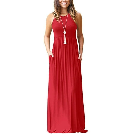- Women's Sleeveless Racerback Loose Plain Maxi Dresses Casual Long Dresses with Pockets