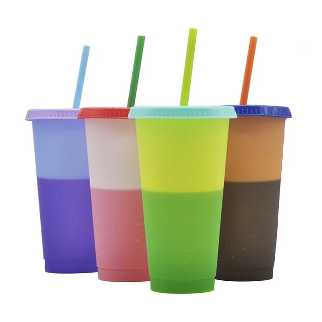 Color changing stadium cup 24 oz,4 colors of plastic cup Variable color cup Reusable plastic cup Color changing cup Plastic cup with cover and straw,Set of 4