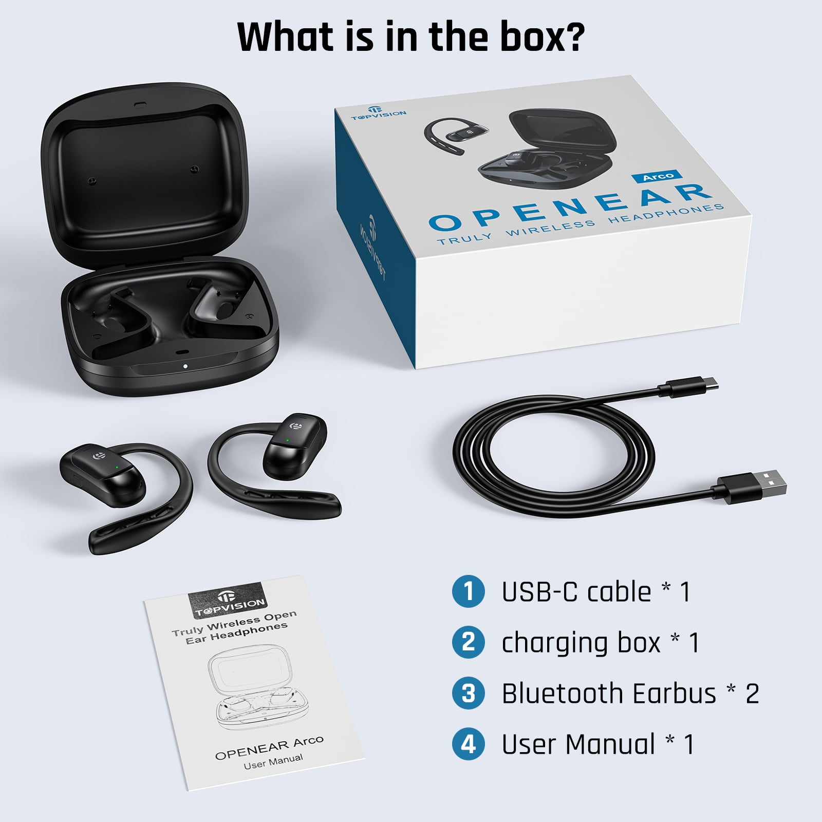 TOPVISION Wireless Earbuds, Bluetooth 5.4 Earbuds with Clear Call Mic, Open-Ear Earbuds with Dual EQ Sound Modes, 64H Playtime, Ultra-Lightweight, Open-Ear Headphones for Running, Workout, Gym