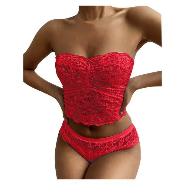 Conjunto de lencería sexy sin tirantes con encaje cruzado en el pecho para mujer - Ropa interior push up, poliéster, color liso, tallas S-XXL, ropa informal para todas las estaciones