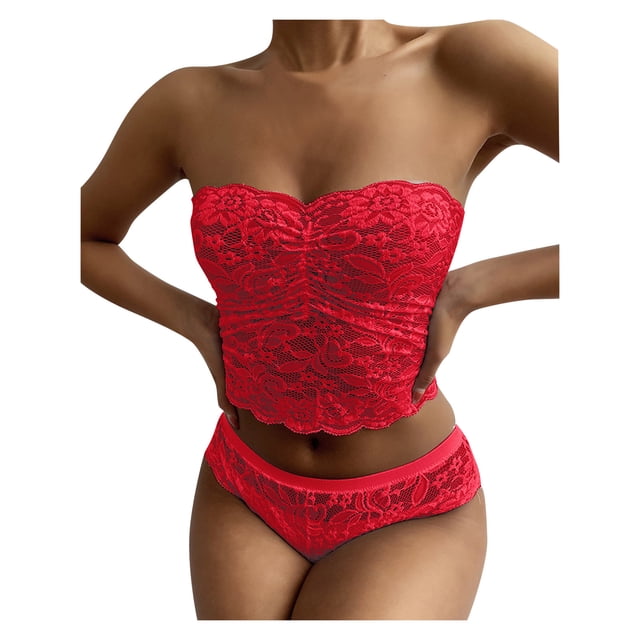 Conjunto de lencería sexy sin tirantes con encaje cruzado en el pecho para mujer - Ropa interior push up, poliéster, color liso, tallas S-XXL, ropa informal para todas las estaciones
