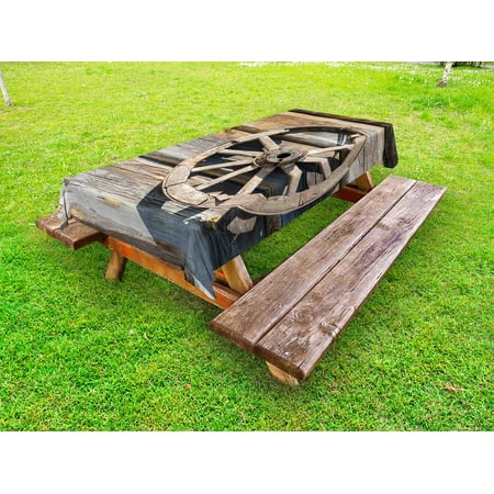 - Barn Wood Wagon Wheel Outdoor Tablecloth, Old Log Wall with Cartwheel Telega Rural Countryside Themed Image, Decorative Washable Fabric Picnic Tablecloth, 58 X 104 Inches, Umber Beige, by Ambesonne