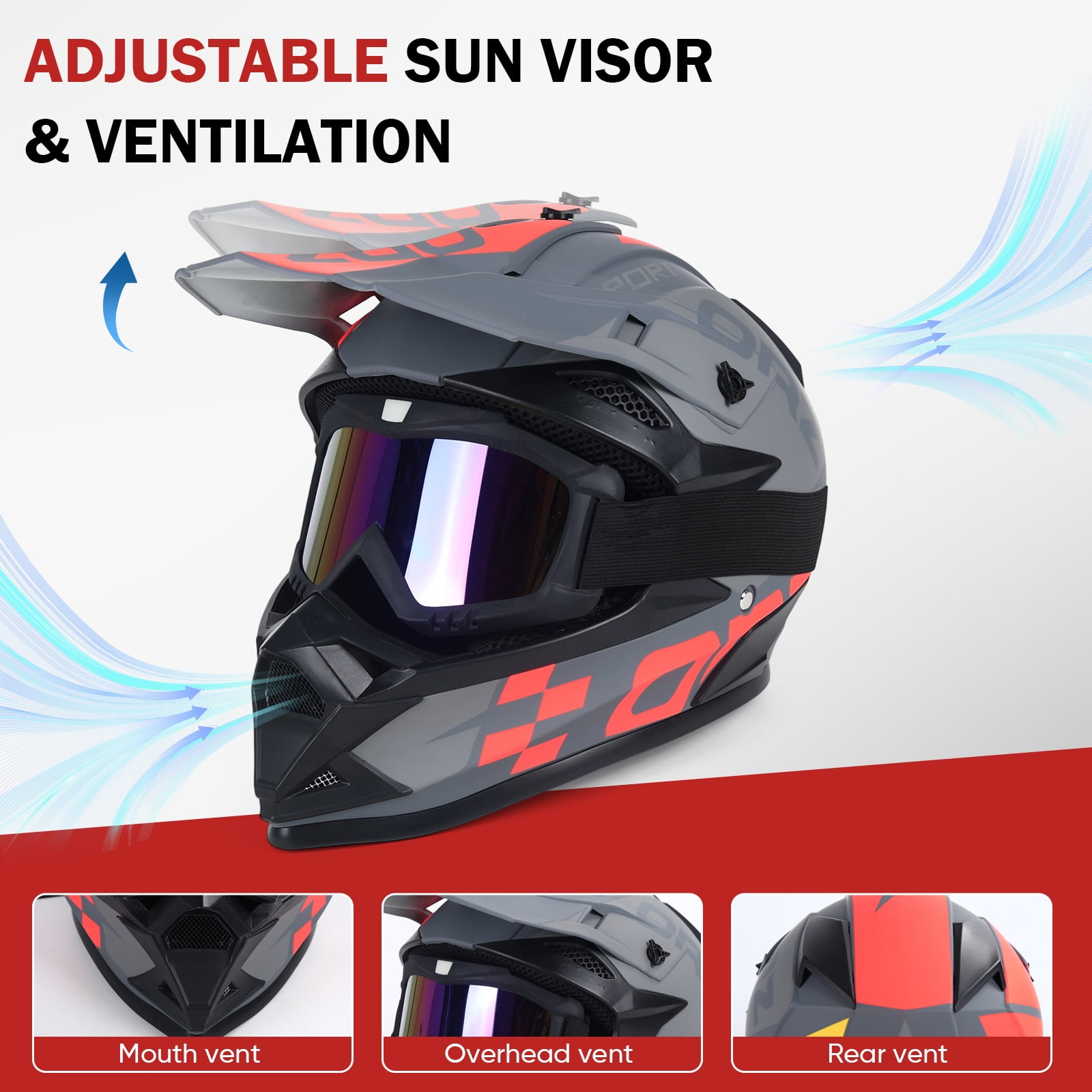 Motorcycle Full-Face Adult Helmet with Goggles, DOT Approved Motocross ATV Offroad Dirt Bike Helmet, L Size, Matte Gray