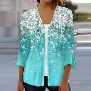 Sksloeg Women's 3/4 Sleeve Tops Casual Drape Open Front Kimonos Lightweight Summer Cardigan with Pocket Vintage Flower Printed Button Down Sweaters Duster,Cyan 3XL