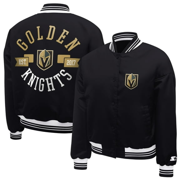 Women's Starter  Black Vegas Golden Knights Printed Round Team Logo Satin Varsity Full-Snap Jacket