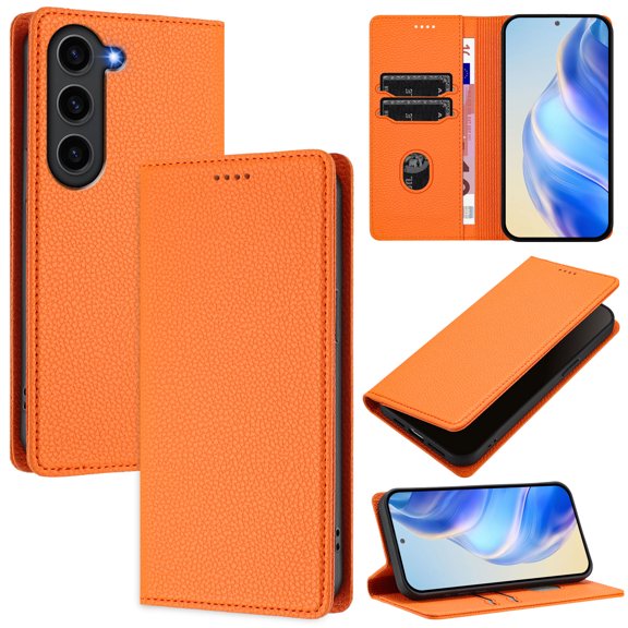 Lychee Texture PU Leather Case for Samsung Galaxy S23 Wallet Case with RFID Blocking Card Holders, Wallet Case with Kickstand Magnetic Flip Case Compatible with Samsung Galaxy S23 - Orange