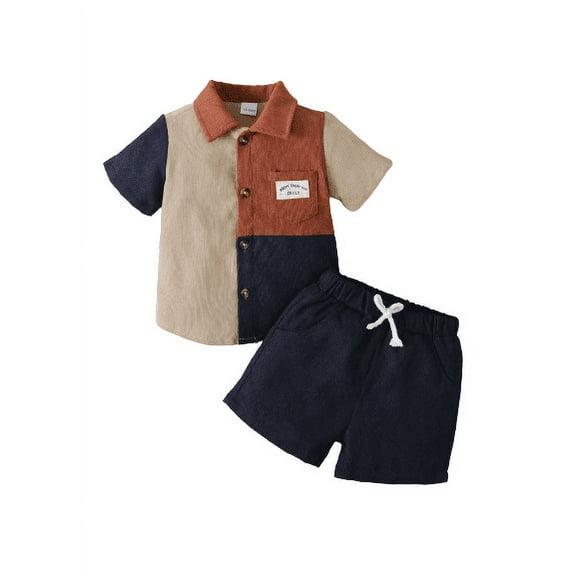 Mikrdoo Infant Baby Boys Clothes Baby OOTD Summer 1 Years Boys Splice Pocket 2 Years Boys Turn-down Collar Shirt Elastic Shorts 2Pcs Preschool Outfits Blue