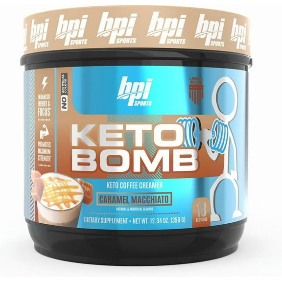 BPI Sports Keto Bomb Coffee Creamer - Supports Energy and Hydration - MCT and Electrolytes - with Calcium - Caramel Macchiato, 18 Servings