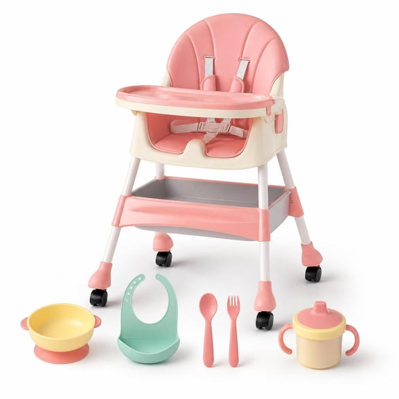 YUCHANG 4- in-1 Baby High Chair,Adjustable Convertible Infant Baby Feeding Chair Booster for Eating with Detachable Double Tray,5 Point Harness