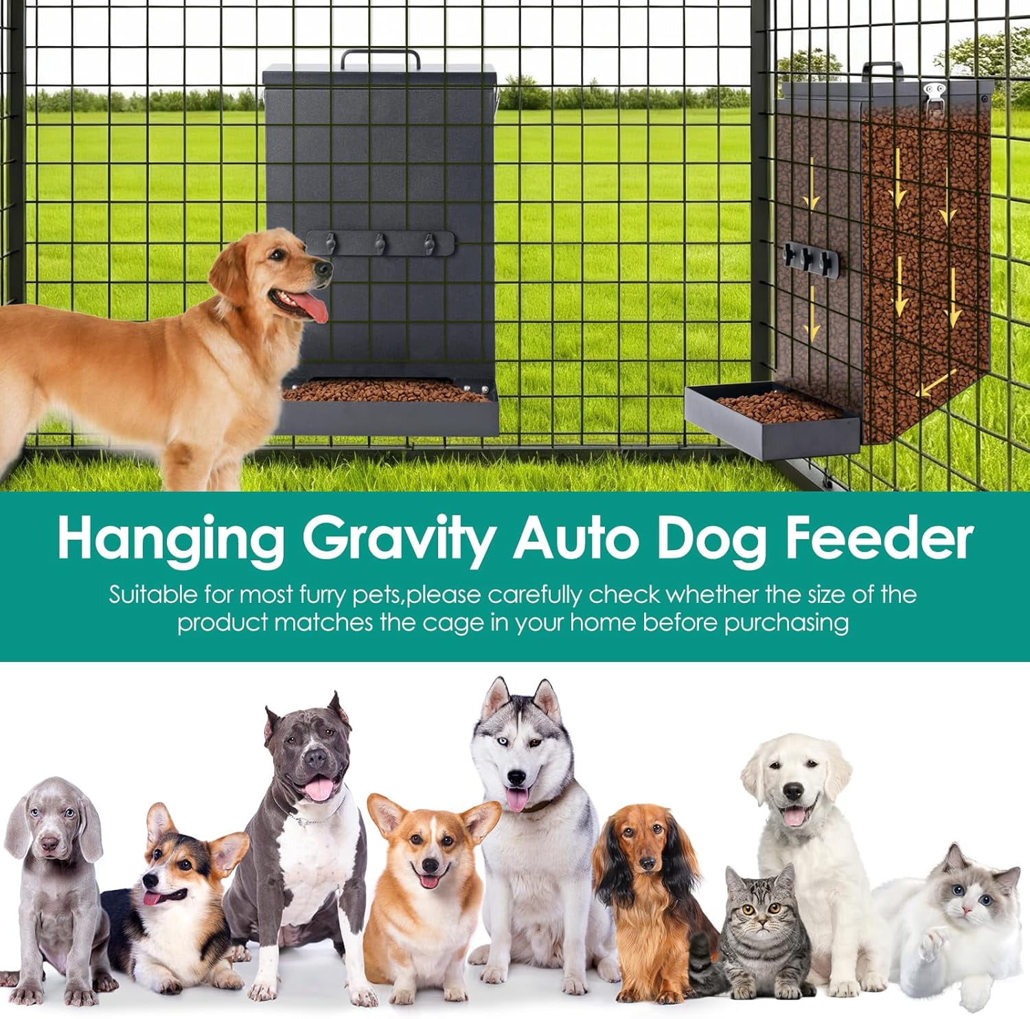 Hanging Cage Automatic Dog Feeder Large Breed,12L Dog Food Dispenser with Large Feeding Mouth Kennel-Gravity Pet Cage Feeder Galvanized Steel for Dog Rabbit,Chicken,Pet,Ferret,Chinchilla