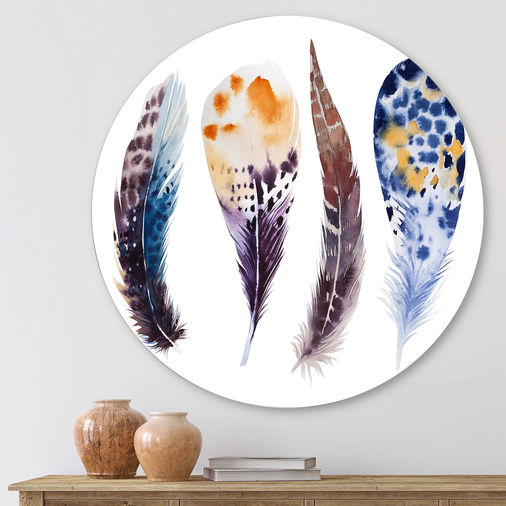 Designart 'Colourful Boho Feather Set On White VIII' Bohemian & Eclectic Circle Metal Wall Art 11x11 - Disc of 11