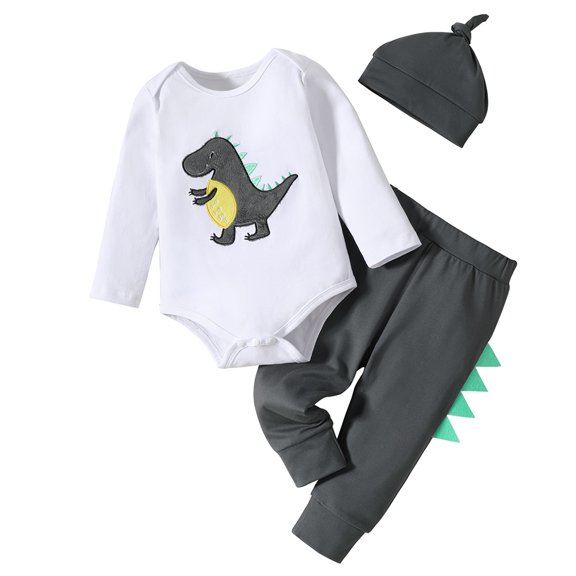 GYRATEDREAM Baby Boy Clothes Newborn Boy Outfit Print Romper Long Pants Hat 3PCS Infant Clothes Set, Size 9-12M