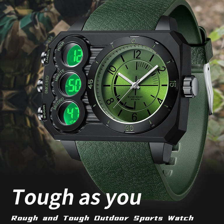 Findtime, Big Face Watch, Large Square LED Dial, Three Time Zones