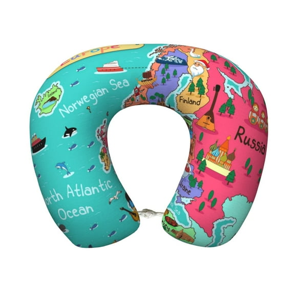 Disketp Cartoon Map Of Europe Travel Pillow Memory Foam Neck Pillow Support Pillow for Camping, Sleeping Rest Cushion Airplane Pillow