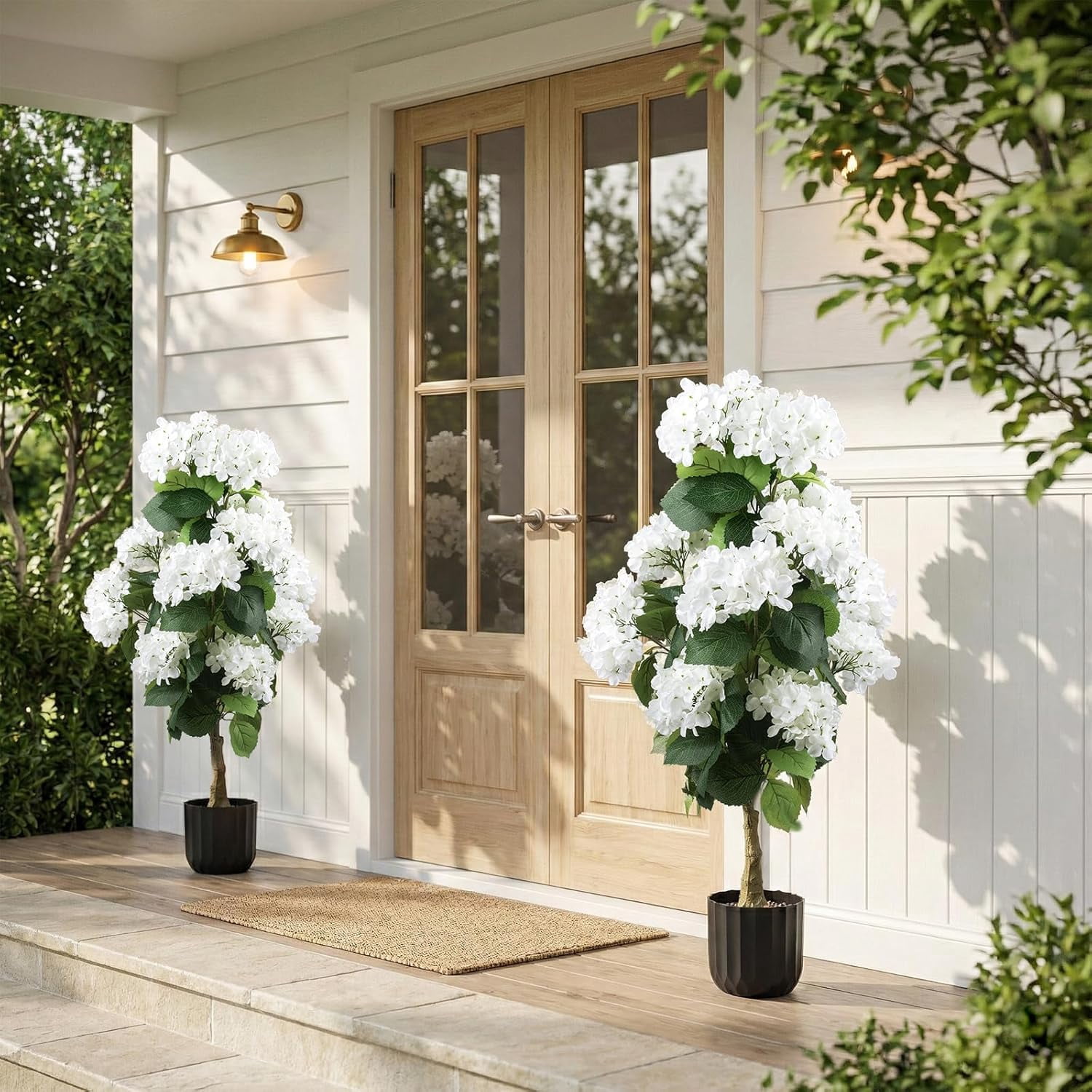 2Pcs 3-Foot Artificial Hydrangea Tree White and Evergreen Leaves Suitable for Indoor and Outdoor Bonsai Decoration